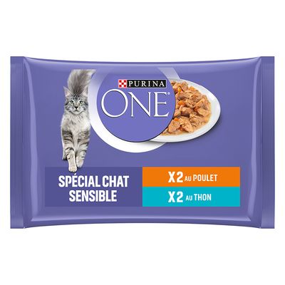 Purina ONE 4 x 85 g Kattenvoer – Sensitive Kip en Tonijn