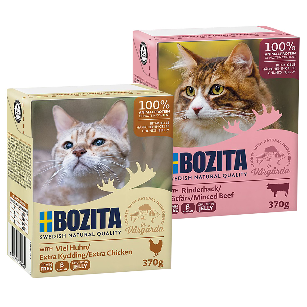 Voordeelpakket Bozita Tetra Hapjes in Gelei 24 x 370 g Kattenvoer – Mixpakket Gelei (Rundergehakt & Veel kip)