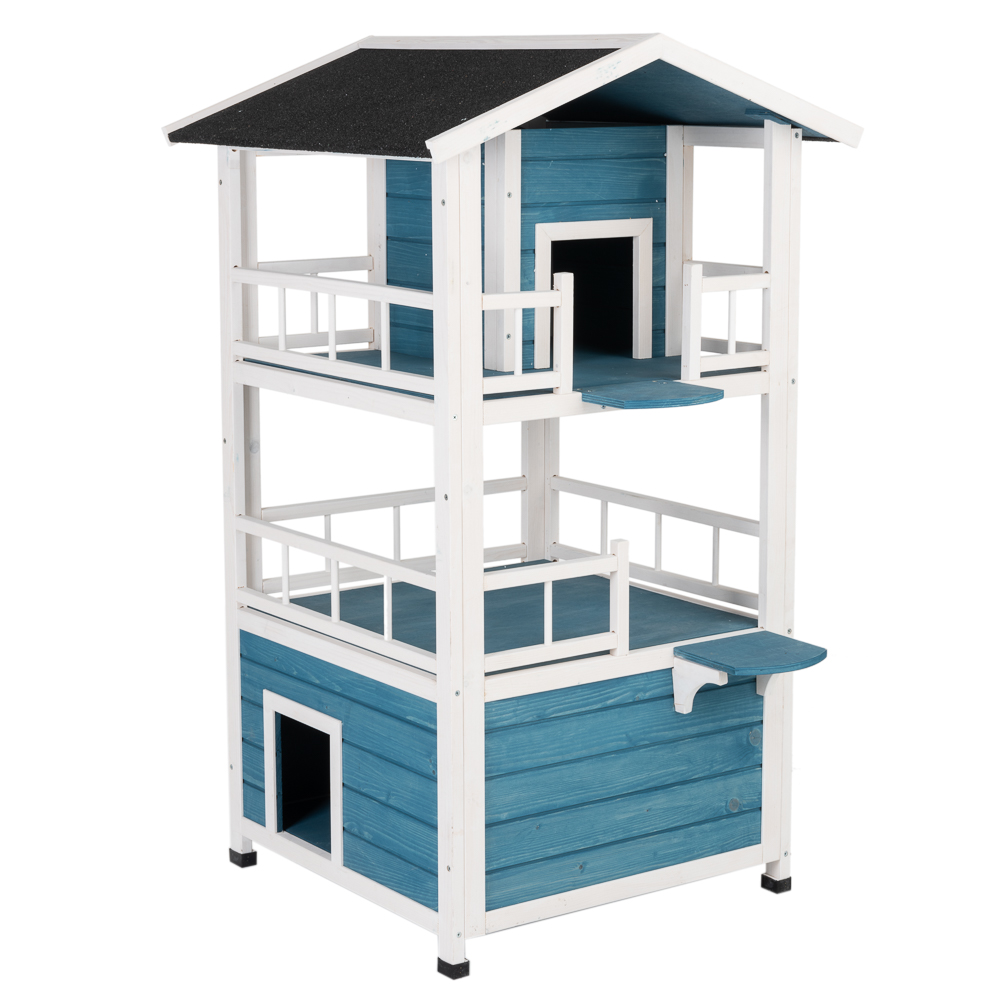 Kattenhuis Penthouse, L 72 x B 72 x H 124 cm, blauw / wit