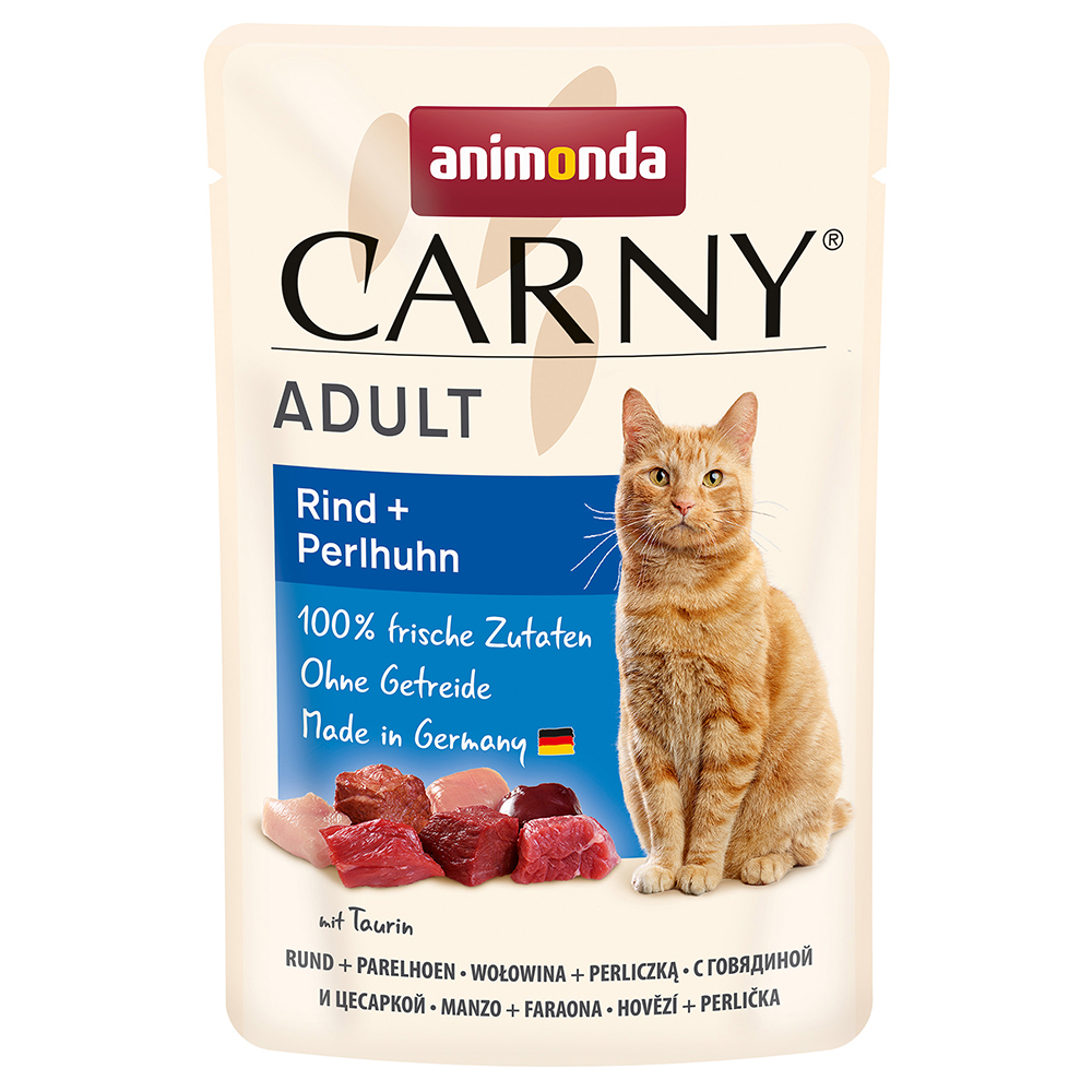 24x85g Maaltijdzakjes Rund + Parelhoen Animonda Carny Kattenvoer