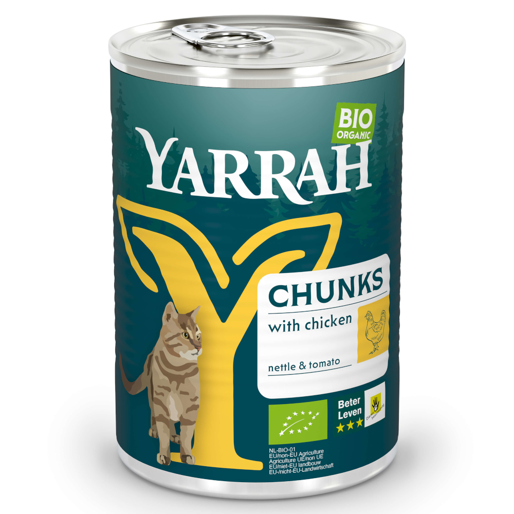 6x405g Bio Brokjes Kip met Brandnetel & Tomaat in Saus Yarrah Kattenvoer