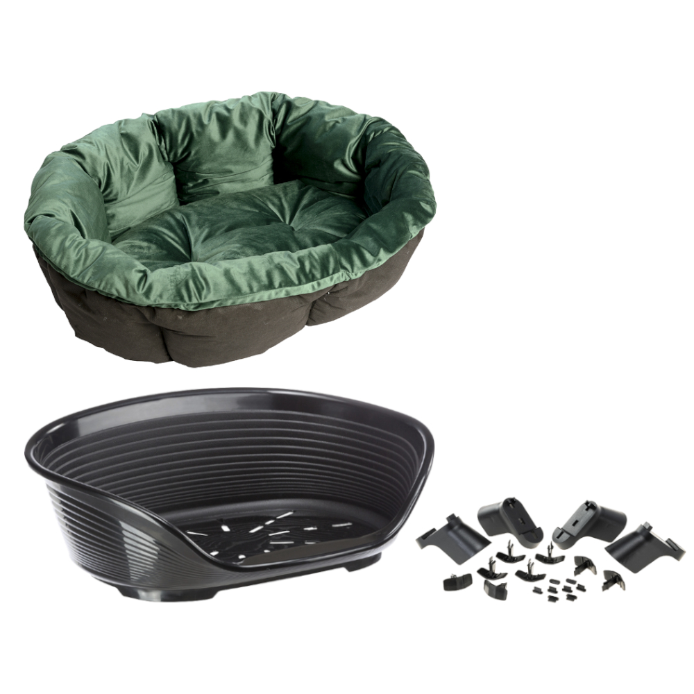 Ferplast Hondenmand Siesta Deluxe Zwart met Bekleding Sofà Fluweel Groen – Set maat 6: mand + deksel + pootjes