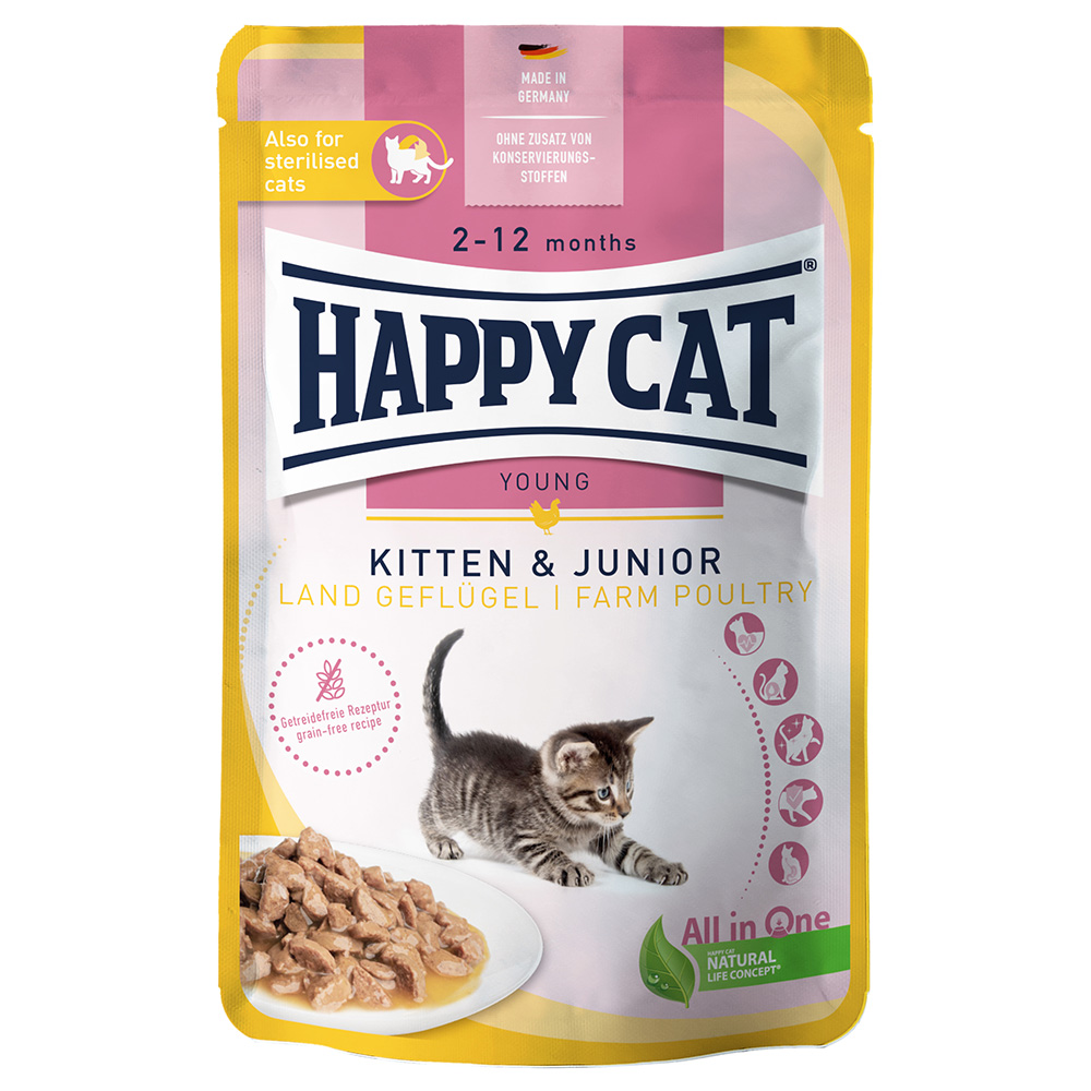 Voordeelpakket Happy Cat Pouch Meat in Sauce 48 x 85 g – Land-Geflügel (Kip) Kitten