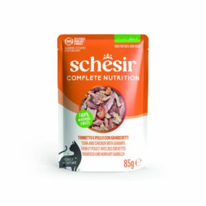 6x85g Tonijn en kip met garnalen Schesir Complete Nutrition in gelei natvoer voor katten