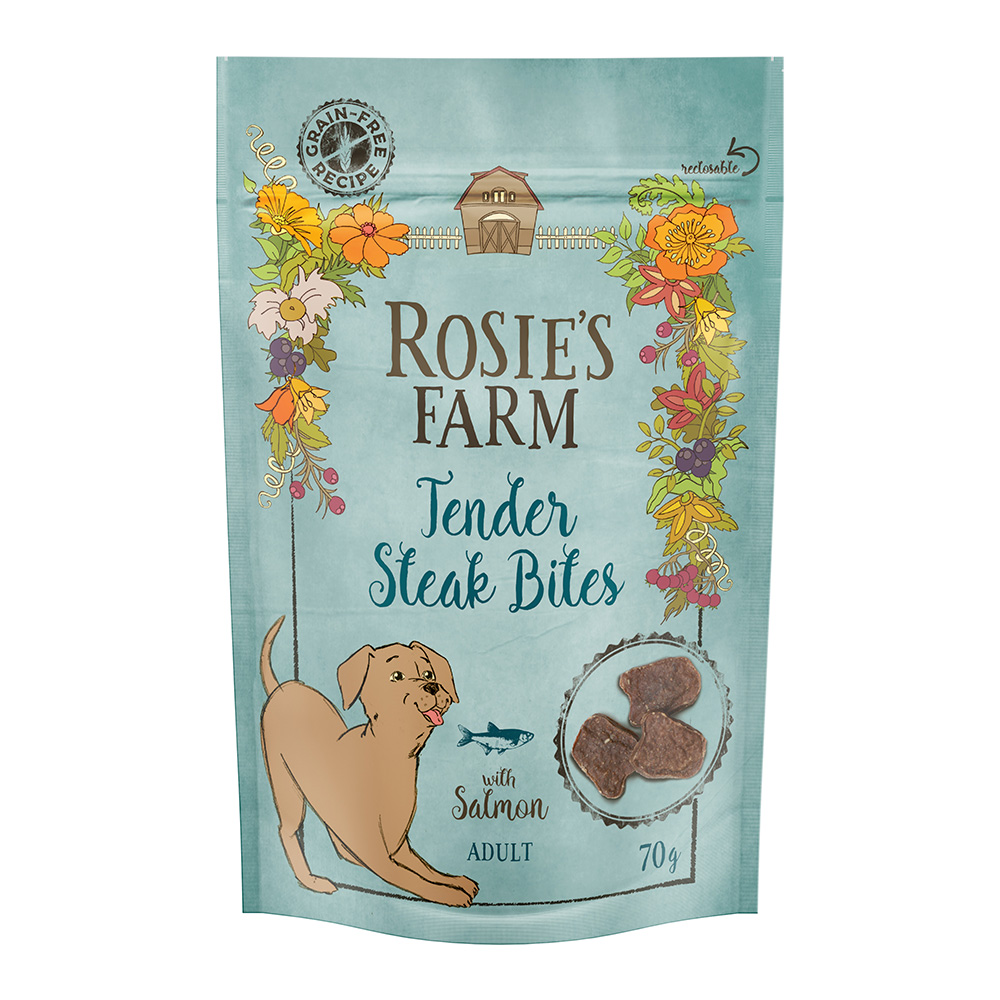 5×70 g Rosie’s Farm Adult Tender Steak Bites Zalm Hondensnacks