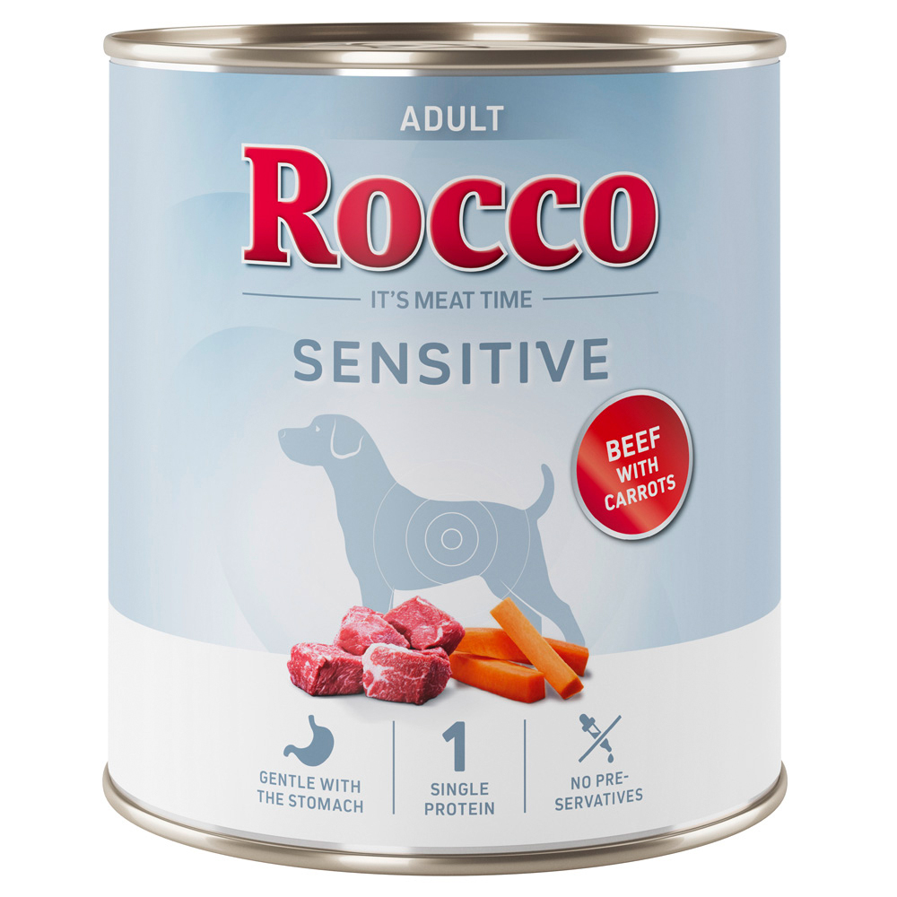Voordeelverpakking Rocco Sensitive 24 x 400 / 800 g Nieuwe receptuur – 24 x 800 g: Rundvlees met wortelen