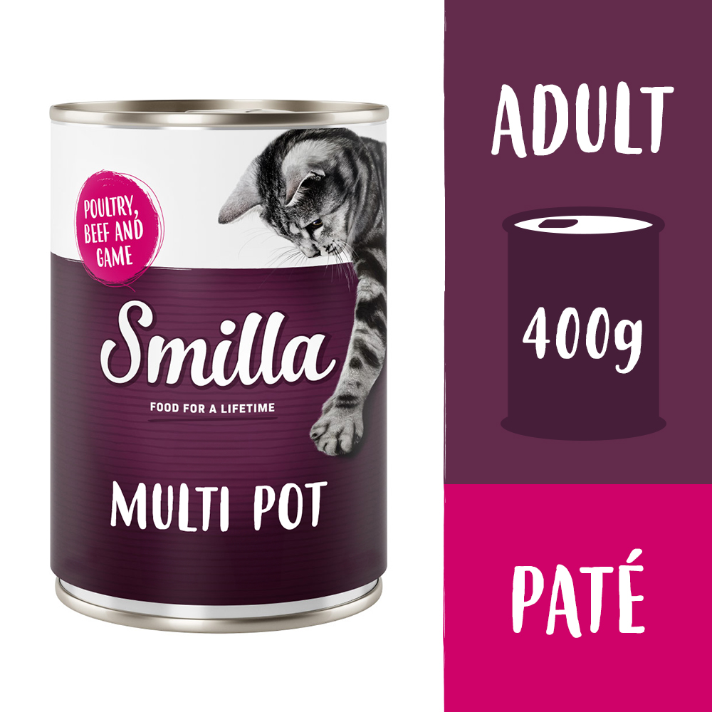 6x400g Multivleespotje Gevogelte, Rund en Wild Smilla Kattenvoer