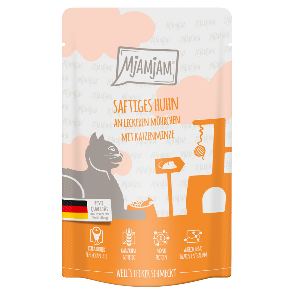 24x125g MjAMjAM Quetschie Sappige Kip op Lekkere Wortels Kattenvoer Nat
