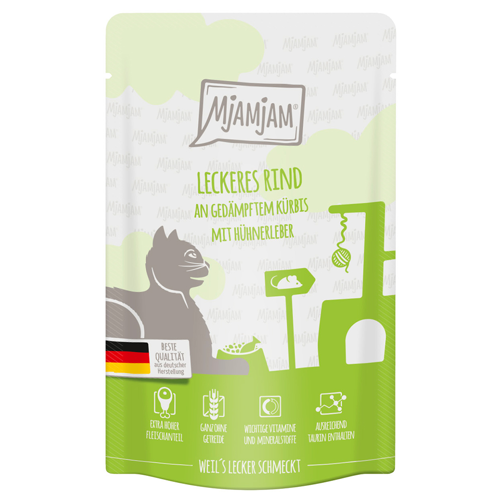 24x125g MjAMjAM Quetschie Heerlijk Rundvlees op Gestoomde Pompoen nat kattenvoer