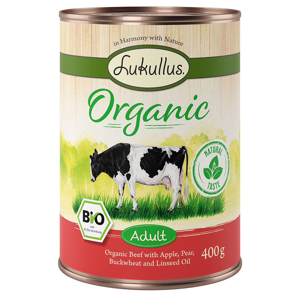 24×400 g Lukullus Organic Adult Rund met Appel Glutenvrij Honden Natvoer