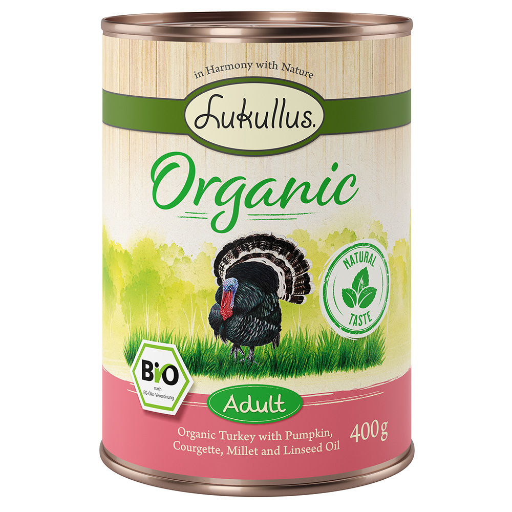 24×400 g Lukullus Organic Adult Kalkoen met Courgette Glutenvrij Honden Natvoer