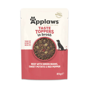Applaws Taste Toppers Pouch in Bouillon 24 x 85 g Voordeelpakket Hondenvoer – Rund met groene Bonen, Zoete Aardappel & rode Paprika