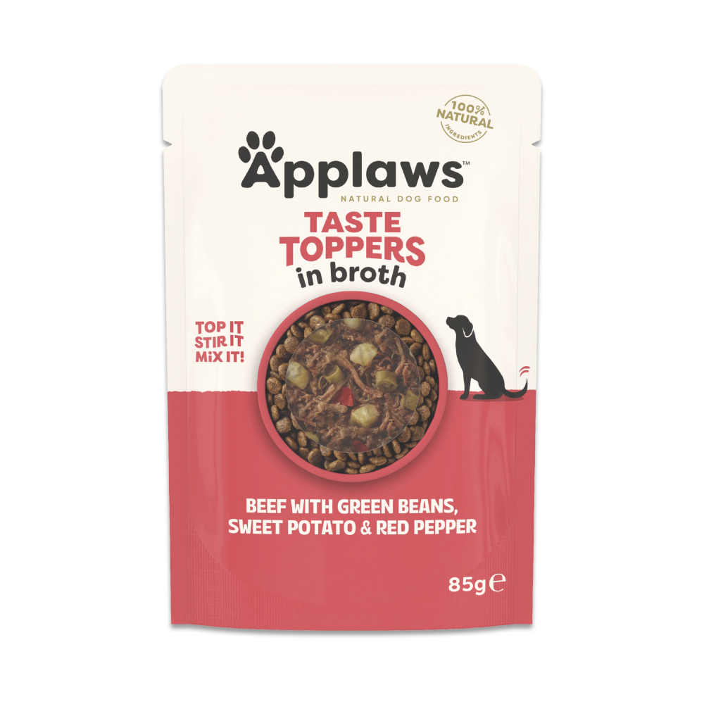 Applaws Taste Toppers Pouch in Bouillon 24 x 85 g Voordeelpakket Hondenvoer – Rund met groene Bonen, Zoete Aardappel & rode Paprika