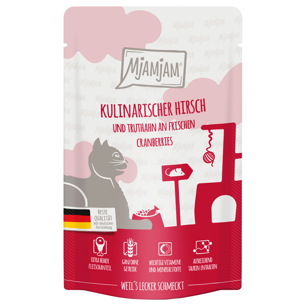 24x 125g MjAMjAM culinaire hert en kalkoen met verse veenbessen nat kattenvoer