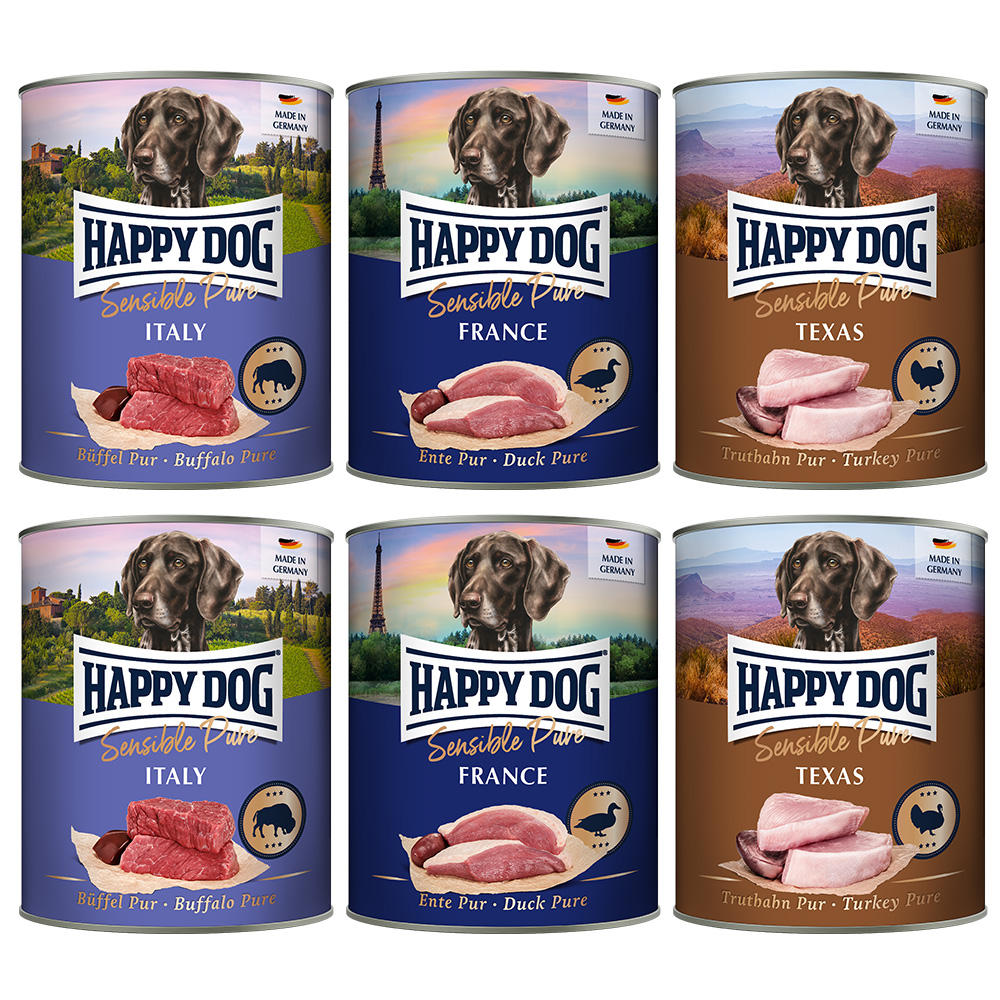 Happy Dog Puur 6 x 800 g – Mix: Kalkoen, Buffel & Eend