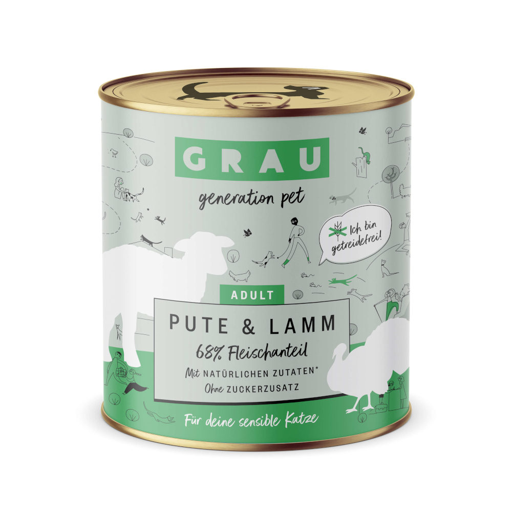 GRAU Smulpotje Graanvij 6 x 800 g Kattenvoer – Kalkoen & Lam