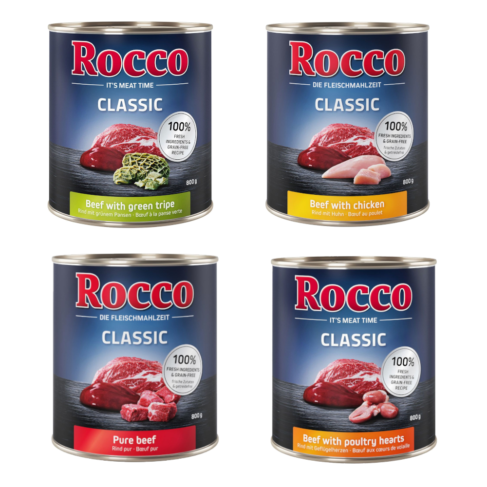 Voordeelpakket Rocco Classic 24 x 800 g Hondenvoer – Mix: Puur Rund, Groene Pens, Gevogeltehart & Kip