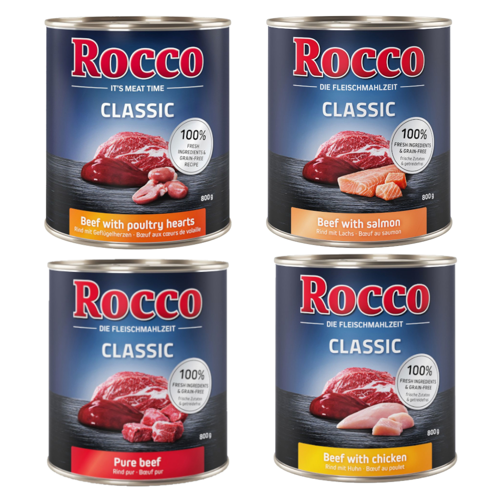 Voordeelpakket Rocco Classic 24 x 800 g Hondenvoer – Mix: Puur Rund, Kip, Zalm & Gevogeltehart