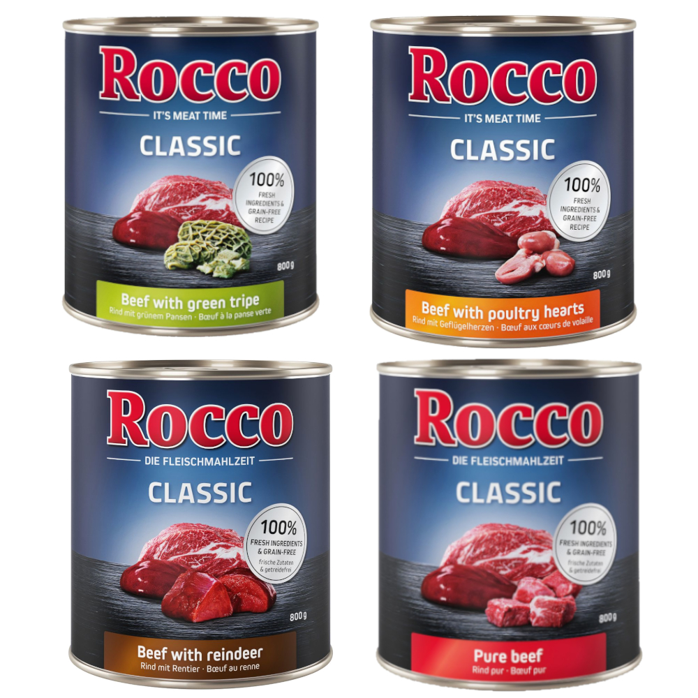 Voordeelpakket Rocco Classic 24 x 800 g Hondenvoer – Mix: Puur Rund, Groene Pens, Gevogeltehart & Kip