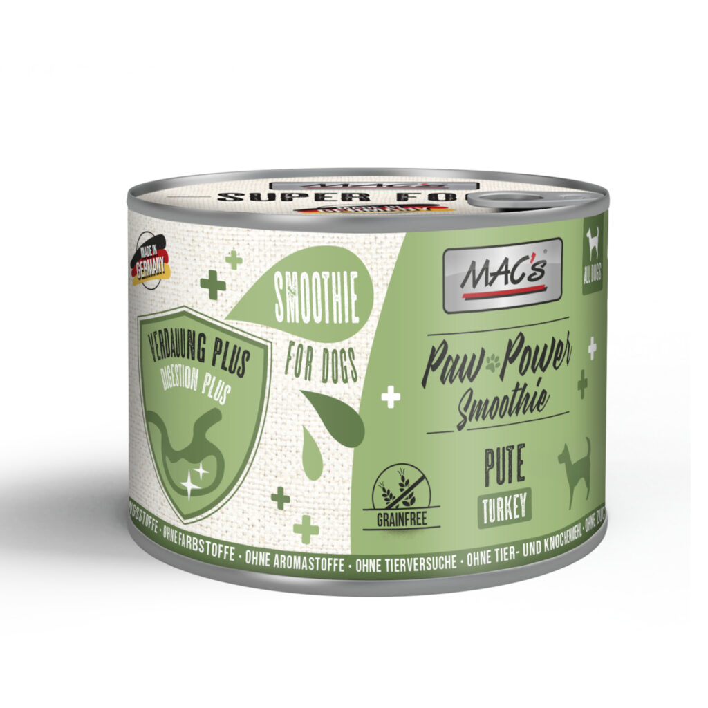 Voordeelpakket 6x185g MAC’s Dog Paw Power Smoothie Kalkoen – Spijsvertering Aanvullend voer voor honden