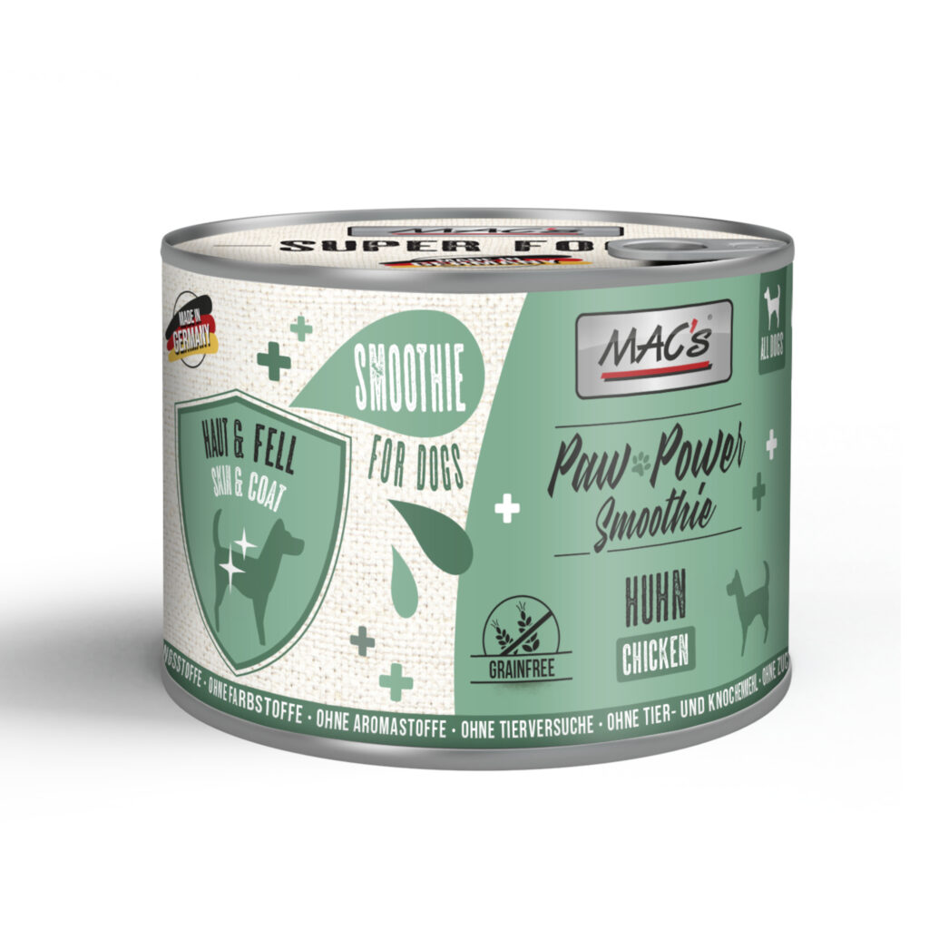 Voordeelpakket 6x185g MAC’s Dog Paw Power Smoothie Plus Kip – Huid & Vacht Aanvullend voer voor honden