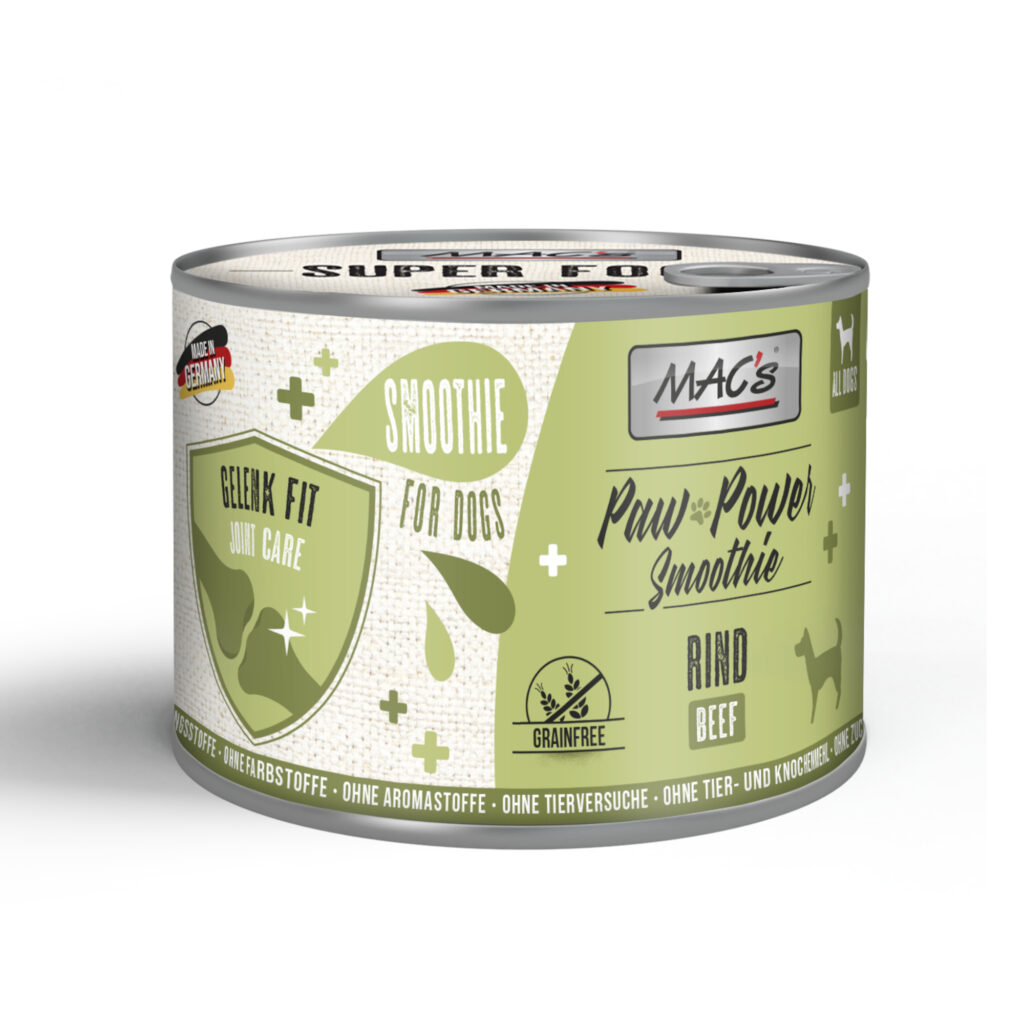 Voordeelpakket 12x185g MAC’s Dog Paw Power Smoothie Rund – Gewricht Fit aanvullend voer voor honden