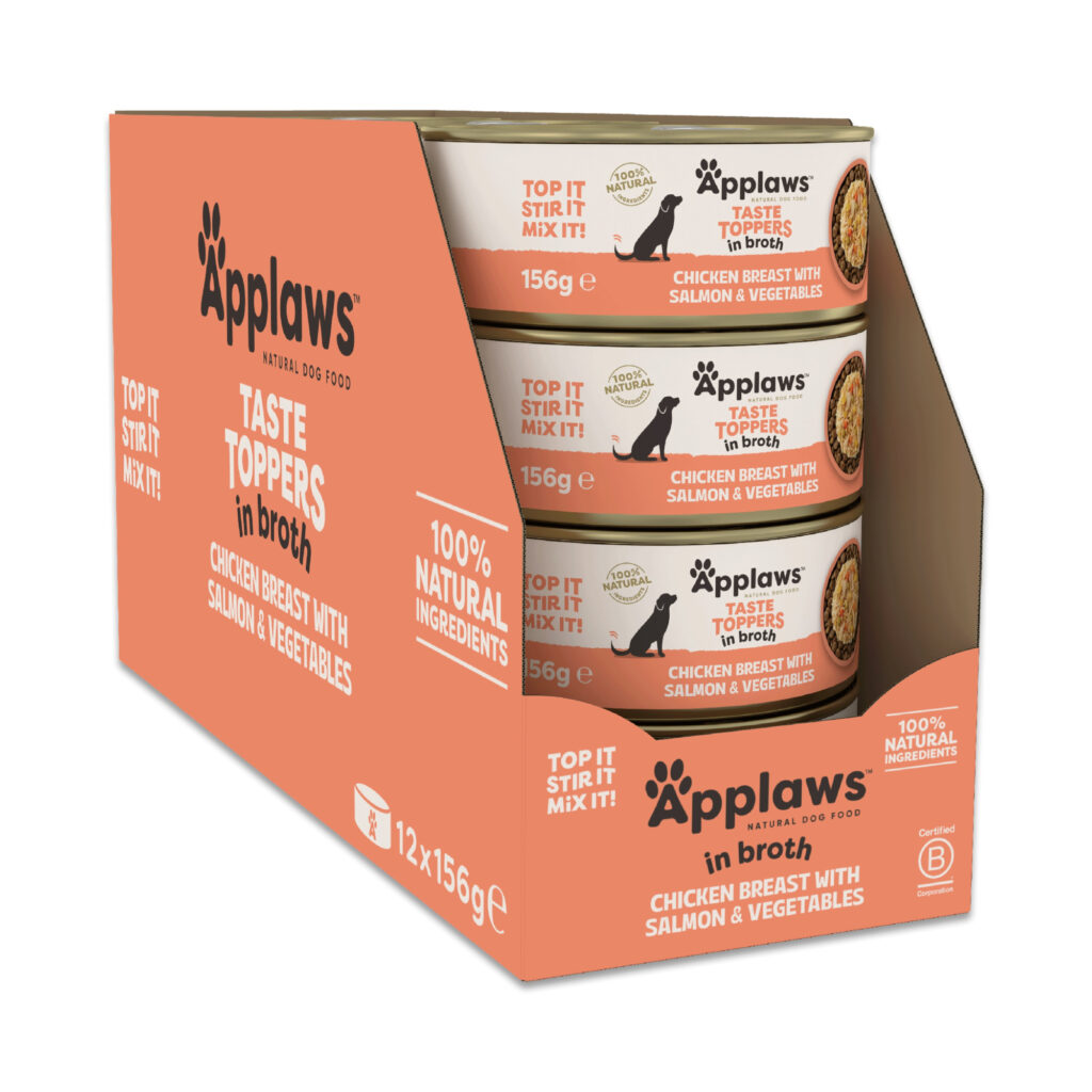 Voordeelpakket: 24x 156g Applaws Taste Toppers Natural in bouillon Kip met zalm nat hondenvoer