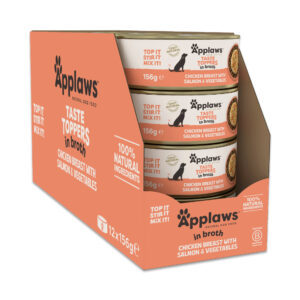 Voordeelpakket: 24x 156g Applaws Taste Toppers Natural in bouillon Kip met zalm nat hondenvoer