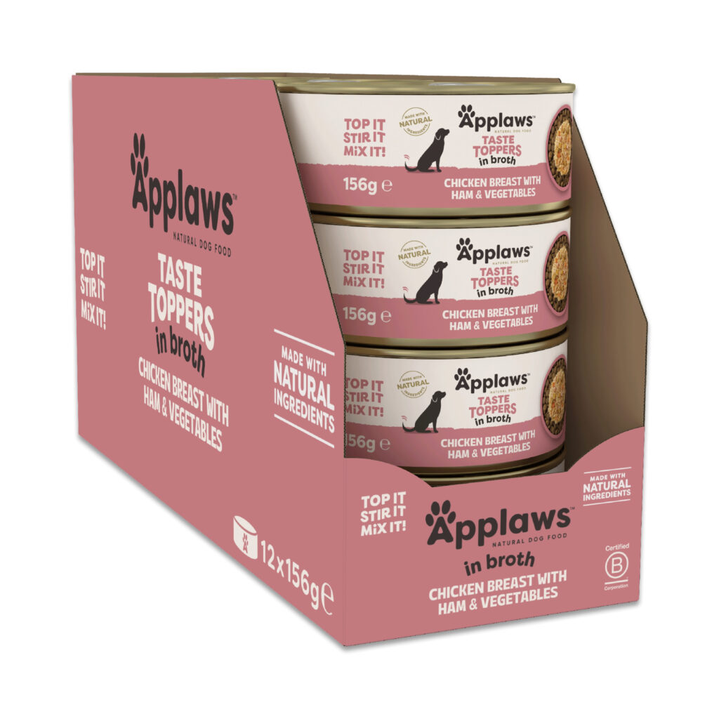Voordeelpakket: 24x 156g Applaws Taste Toppers Natural in bouillon Kip met Ham nat hondenvoer