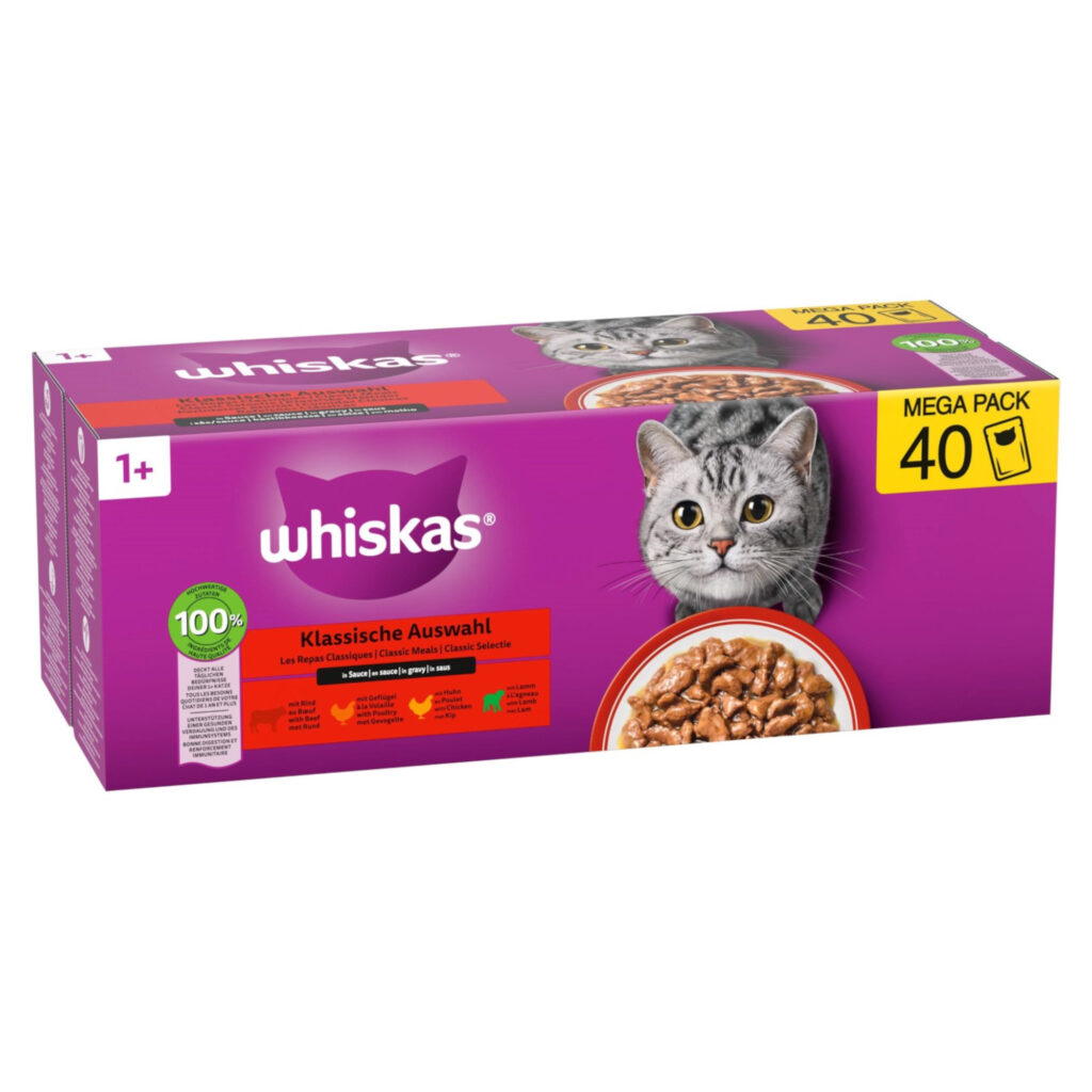 40x85g Whiskas 1+ Adult Vershoudzakjes Klassieke Selectie in Saus (4 soorten) nat kattenvoer