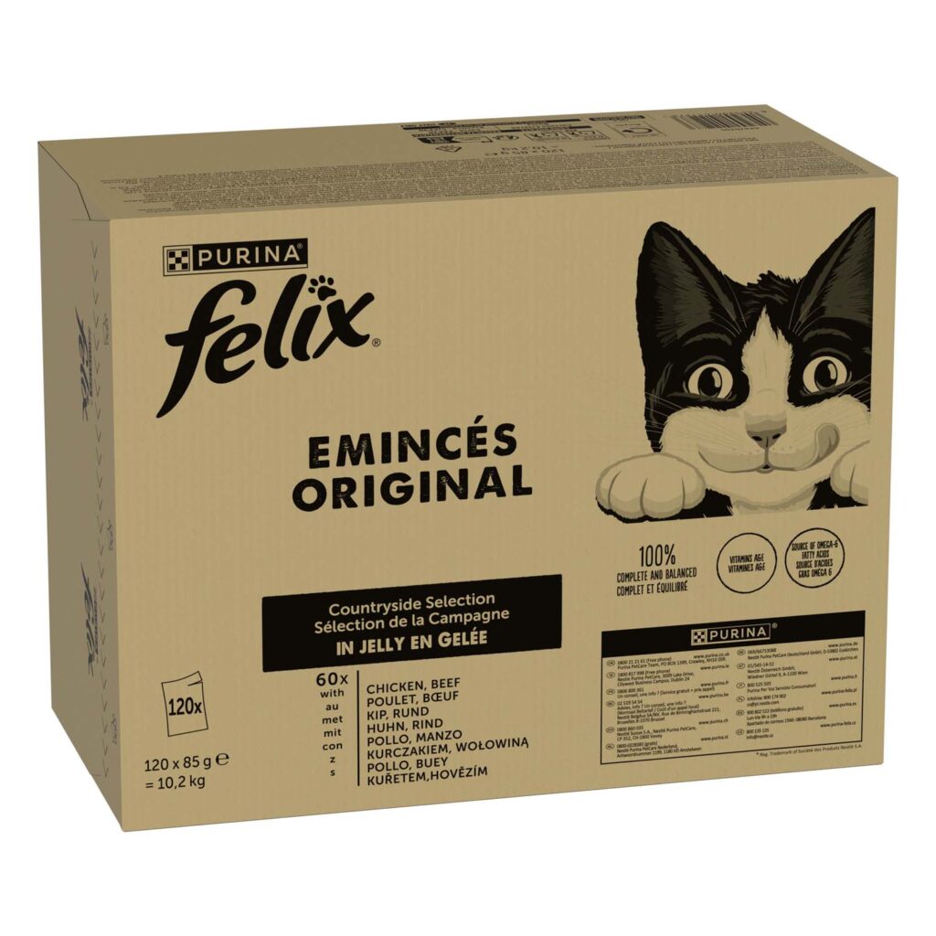 Jumbo verpakking: 120x85g Felix Classic Pouches Rund en Kip nat kattenvoer