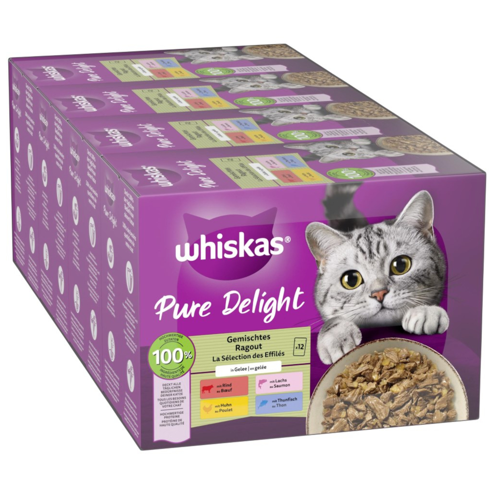 Voordeelpakket Whiskas Pure Delight Portiezakjes 96 x 85 g – Gemengde Ragout in Gelei