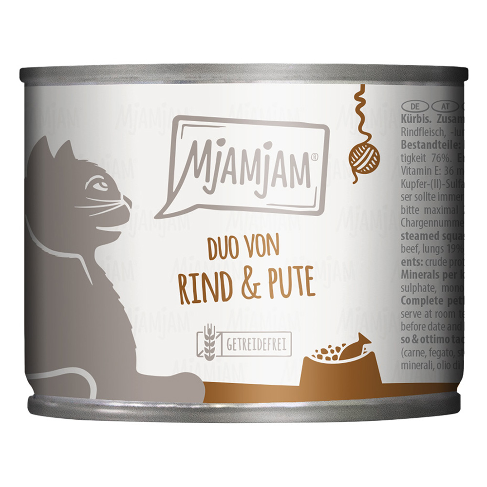 6x 200g MjAMjAM Duo heerlijk rund & goede kalkoen op gestoomde pompoen nat kattenvoer