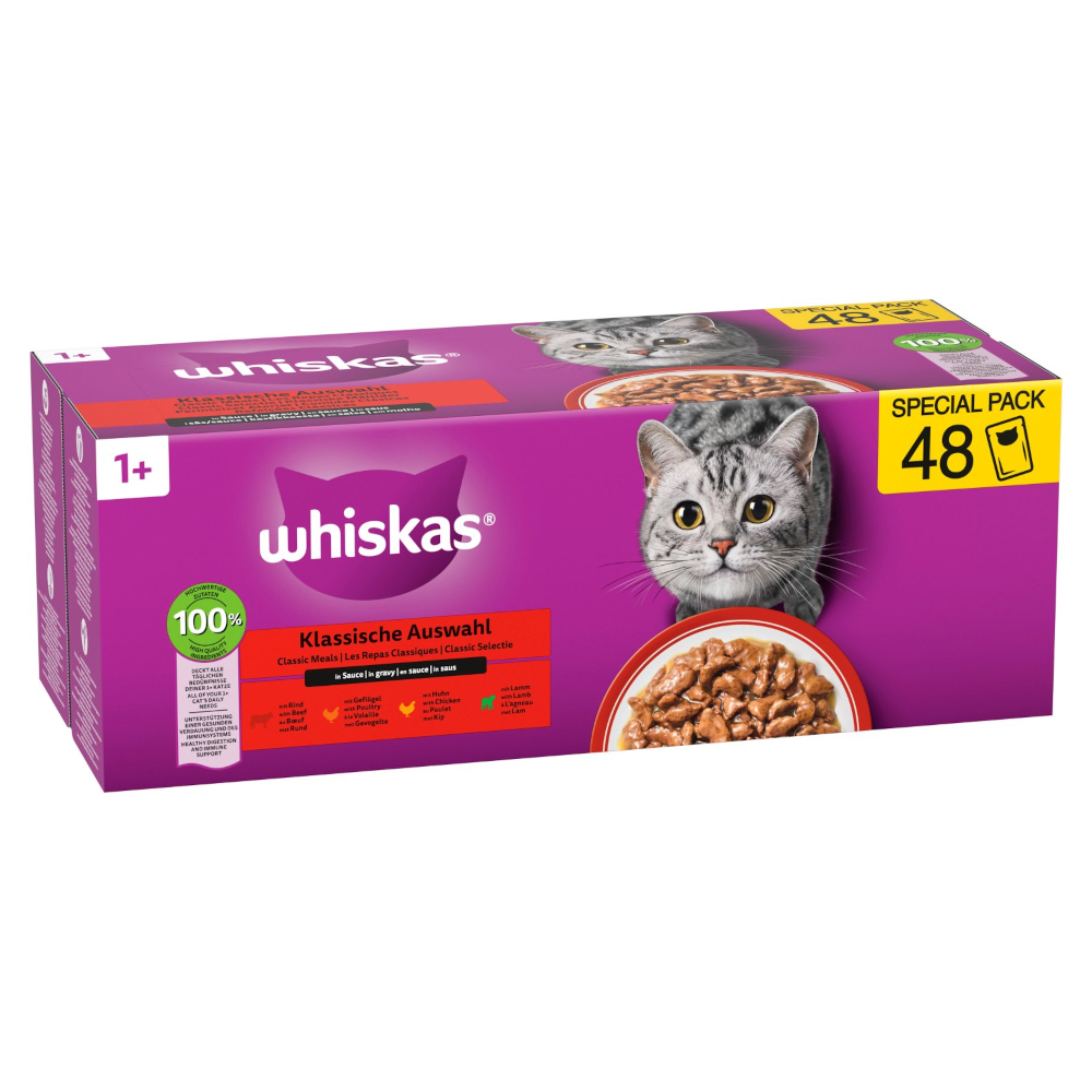 48 x 85 g 1+ Adult Maaltijdzakjes Klassieke selectie in saus: Rund, Lam, Gevogelte + Kip Whiskas Kattenvoer