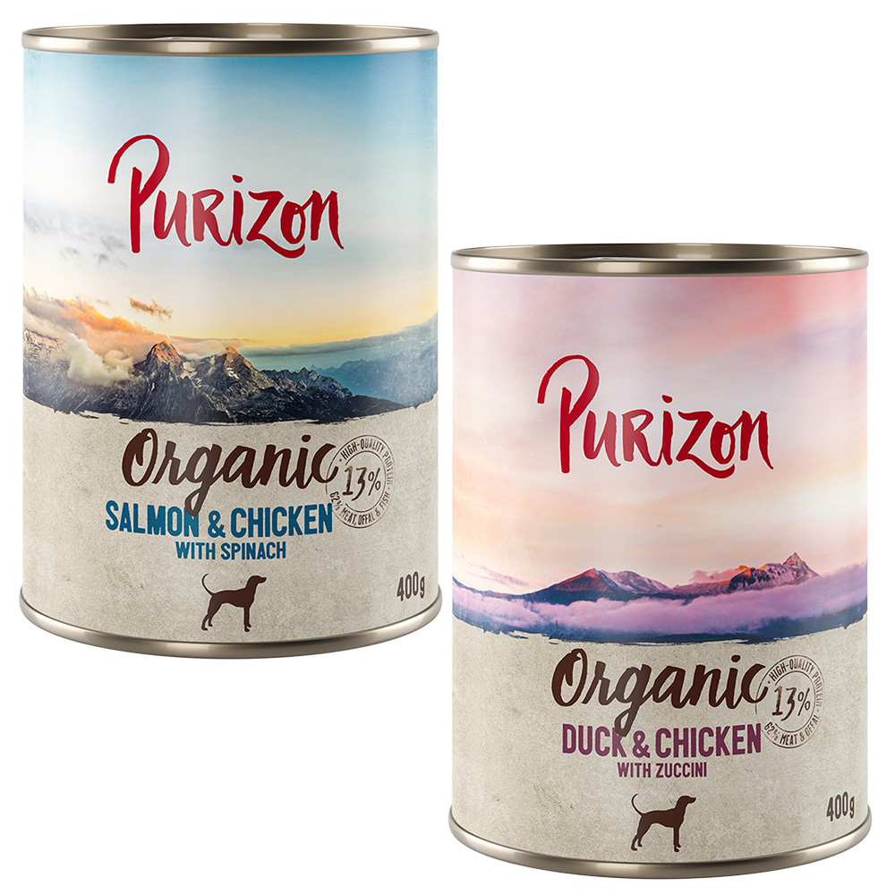 Voordeelpakket: Purizon Organic 24 x 400 g – Voordeelpakket 2: 12 x Eend en kip, 12 x zalm en kip