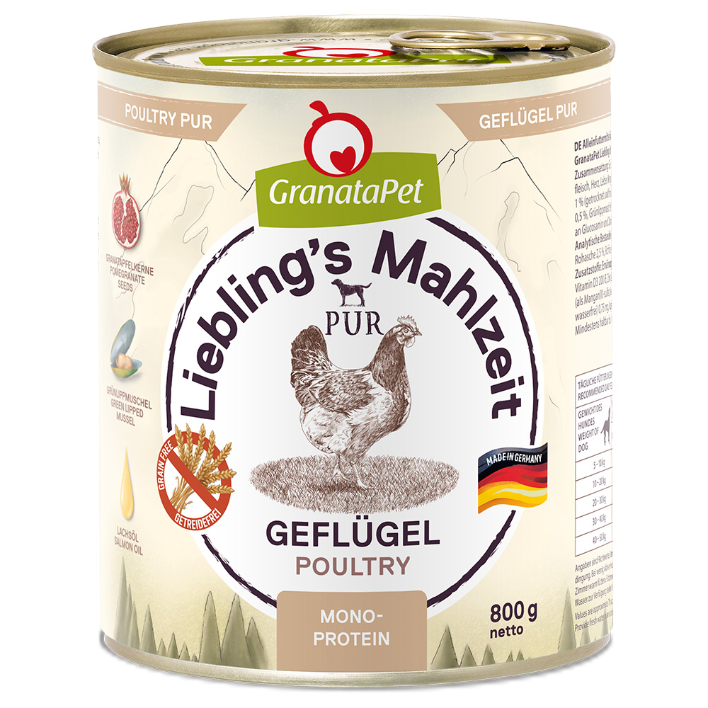 6x 800g GranataPet Liebling’s Mahlzeit PUR Gevogelte natvoer voor honden