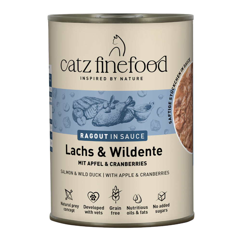 6x 380g catz finefood Ragout No.605 Lachs & Wildente Katzenfutter nass