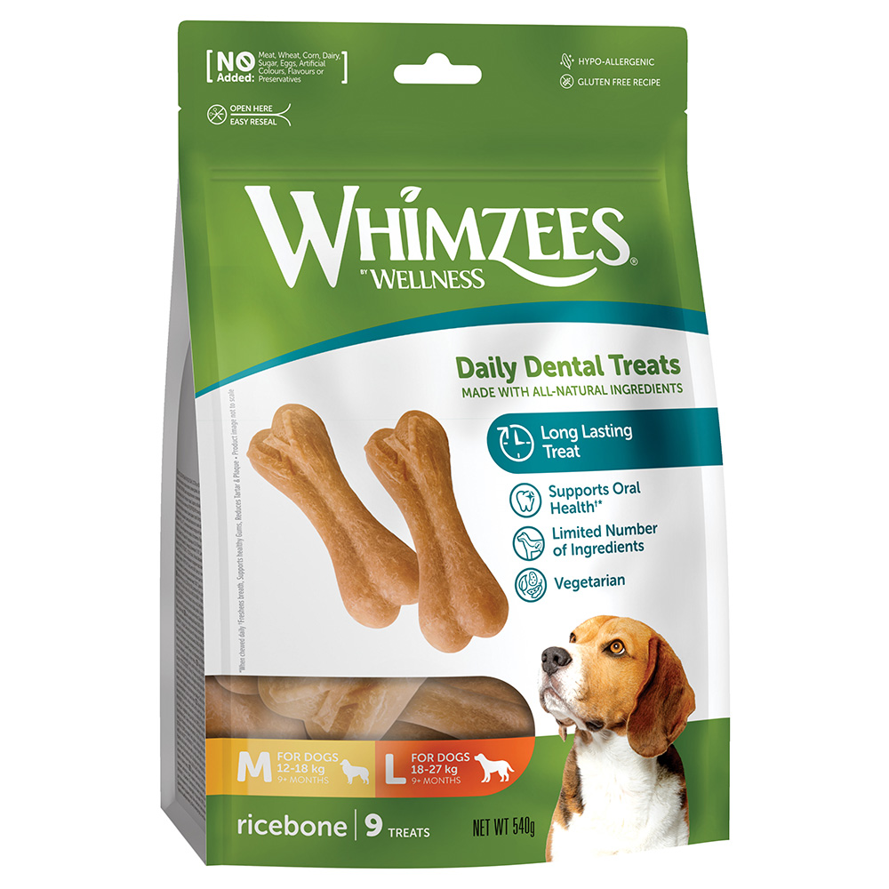 Maat M/L: voor middelgrote & grote honden (12–27 kg, 9 stuks) Whimzees by Wellness Ricebones hondensnacks