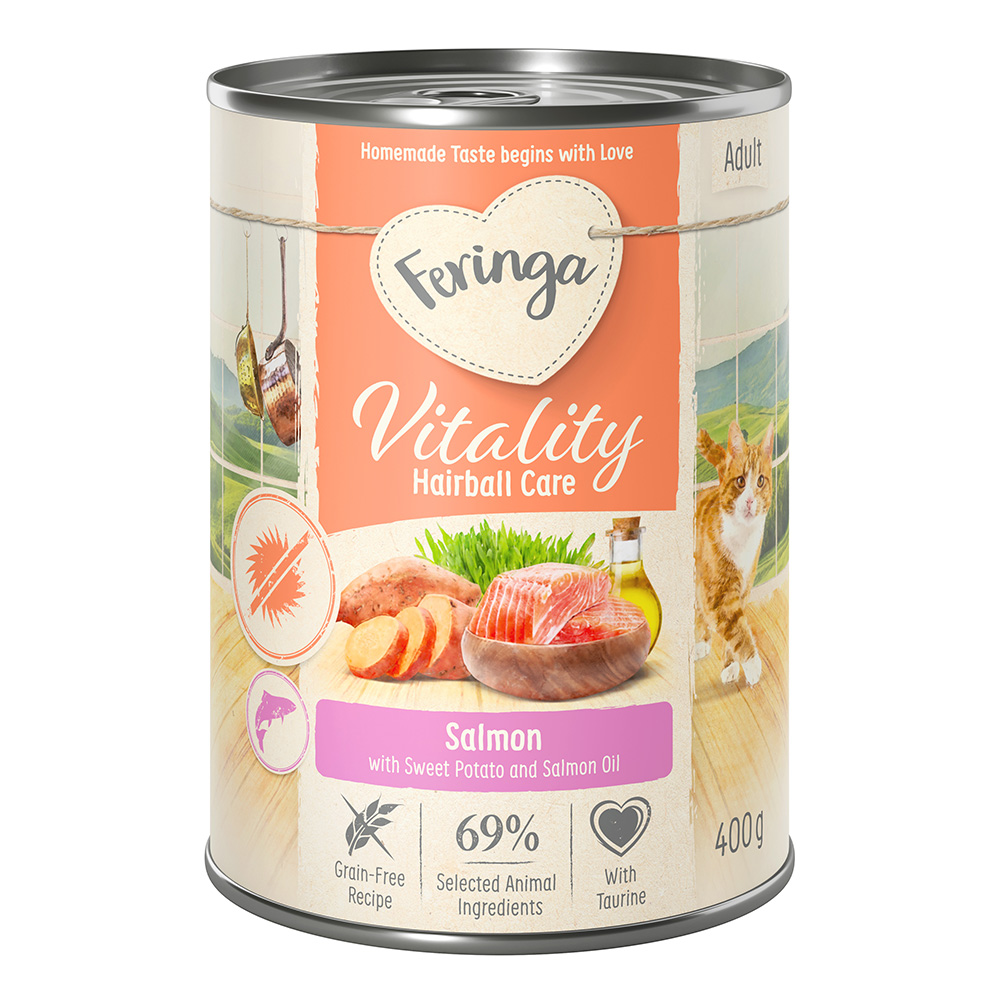 12x400g Feringa Vitality Hairball Care anti-haarbal zalm natvoer voor katten