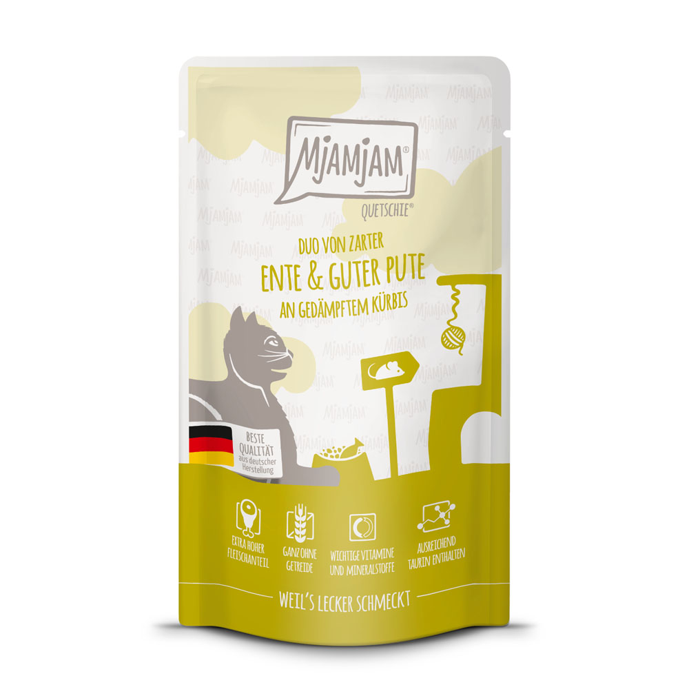 24x125g MjAMjAM Quetschie Eend & Kalkoen nat kattenvoer