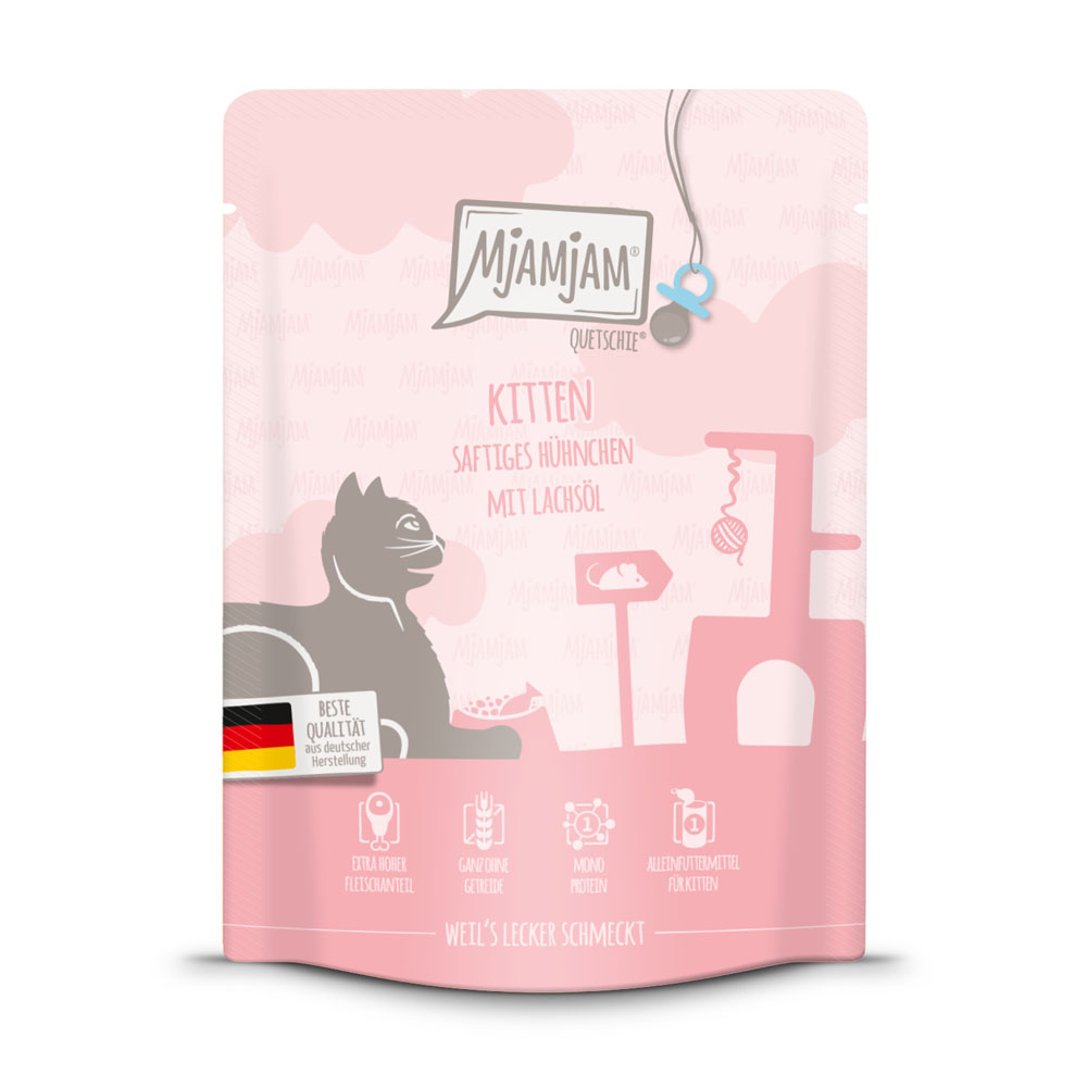 MjAMjAM Squeeze 6 x 300 g of 24 x 300 g – Voordeelpakket: Kitten Kip met Zalmolie (24 x 30 g)
