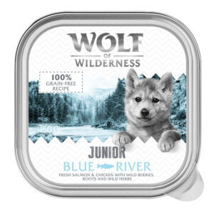 6x 150g Wolf of Wilderness Junior Blue River – Kip & Zalm graanvrij natvoer voor honden