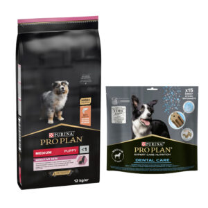12 kg of 14 kg Pro Plan droogvoer voor honden + 345 g/426 g Pro Plan Dental Care hondensnack gratis! – Medium Puppy Sensitive Skin 12 kg