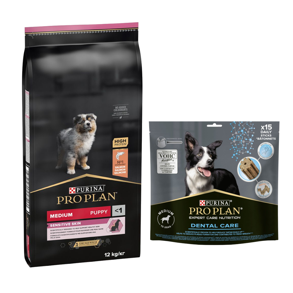 12 kg of 14 kg Pro Plan droogvoer voor honden + 345 g/426 g Pro Plan Dental Care hondensnack gratis! – Medium Puppy Sensitive Skin 12 kg
