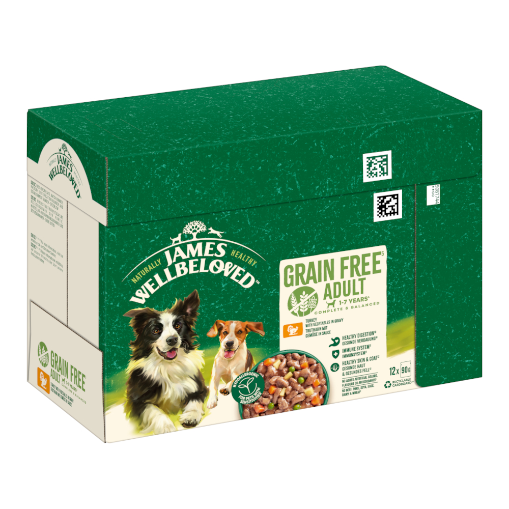 Dubbelpak: 24x90g James Wellbeloved Adult Dog Hypoallergenic Kalkoen met groenten in saus natvoer voor honden