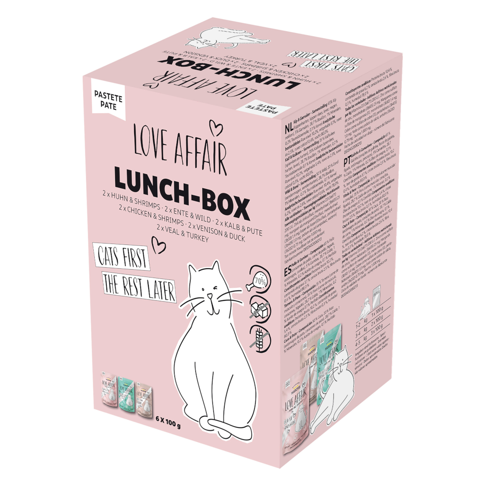 6x100g 3 soorten (kalfsvlees & kalkoen, kip & garnalen, eend & wild) Hardys LOVE AFFAIR Lunchbox natvoer mix pack voor katten