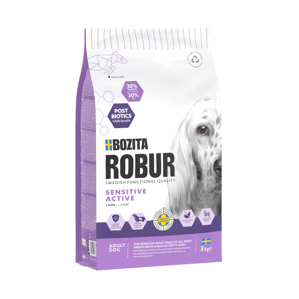 Voordeelpakket: 2×3 kg Bozita Robur Sensitive Grain Free Active met lam – zonder kip Droog hondenvoer