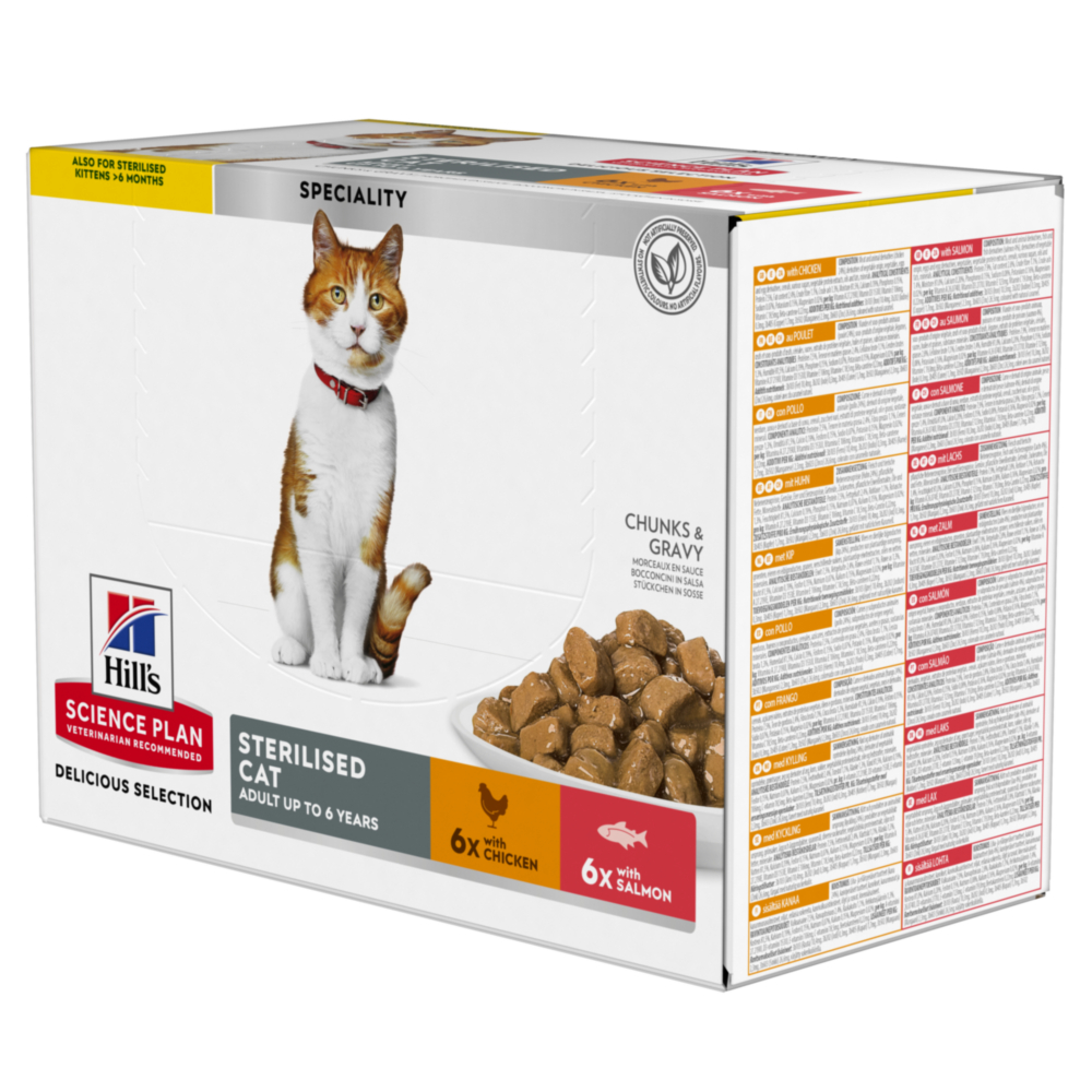 48x85g Young Adult Sterilised Cat Kip (24x) & Zalm (24x) Hill’s Science Plan Kattenvoer