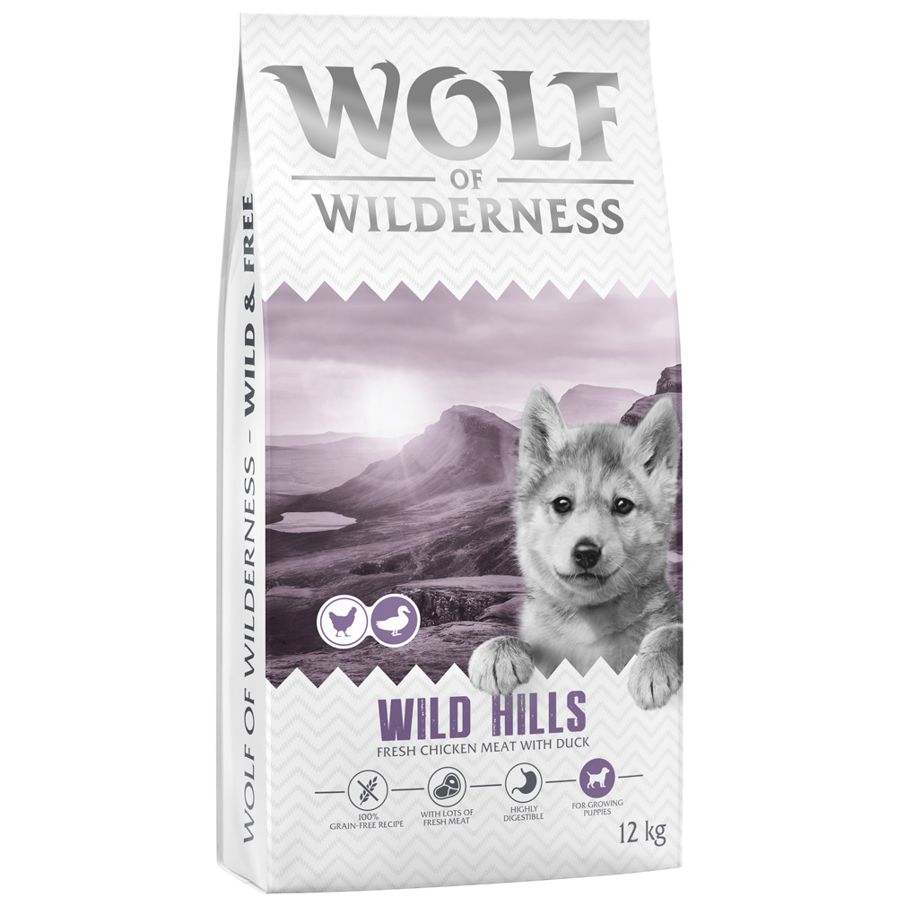 Wolf of Wilderness Junior “Wild Hills” Eend – graanvrij – Dubbelpak: 2 x 12 kg Nieuw Recept