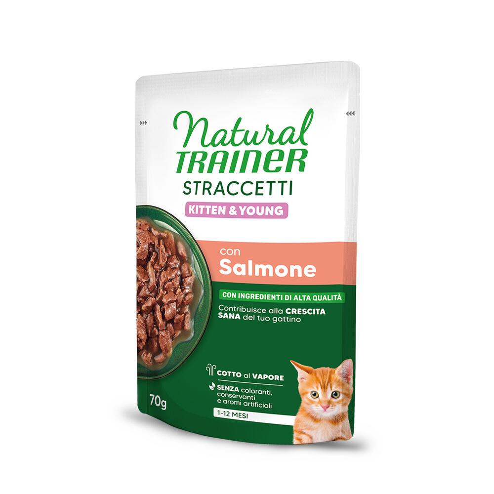 56x 70g Natural Trainer Straccetti Kitten & Jonge reepjes in saus zalm nat kattenvoer